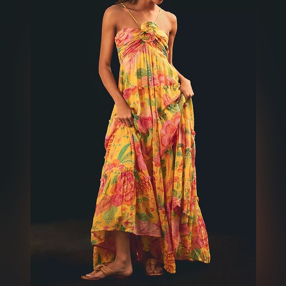 FARM Rio Macaw Bloom Gold and Pink Ruffled Tiered Maxi Dress Size M - Picture 7 of 16